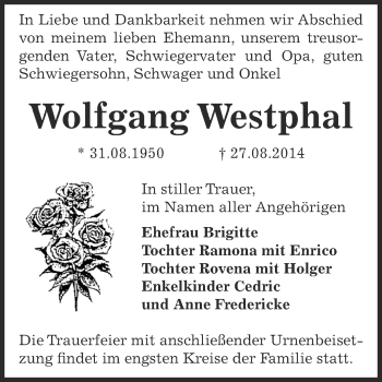 Traueranzeige von Wolfgang Westphal von Super Sonntag Bernburg