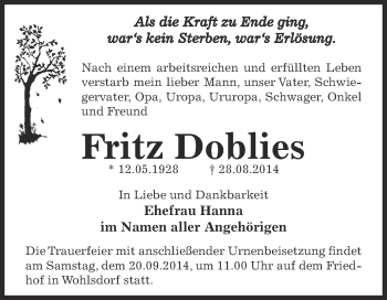 Traueranzeige von Fritz Doblies von Super Sonntag Bernburg