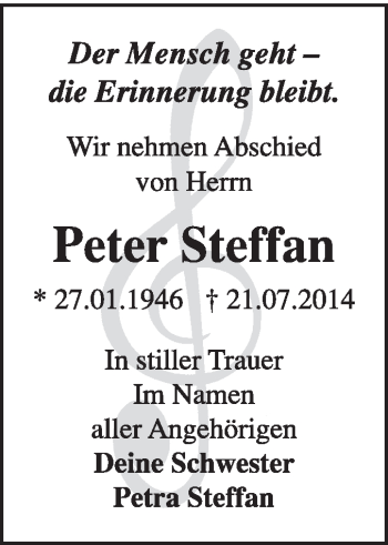 Traueranzeige von Peter Steffan von Super Sonntag Dessau / Köthen