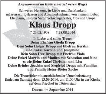 Traueranzeige von Klaus Dropp von Super Sonntag Dessau / Köthen