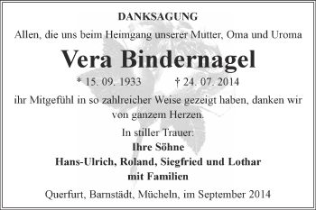 Traueranzeige von Vera Bindernagel von WVG - Wochenspiegel Merseburg
