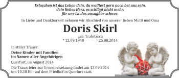 Traueranzeige von Doris Skirl von WVG - Wochenspiegel Merseburg