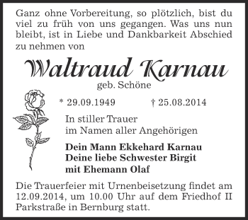 Traueranzeige von Wetitralld Ketrnet von Super Sonntag Bernburg