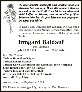 Traueranzeige von Irmgard Baldauf von WVG - Wochenspiegel Aschersleben