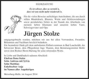 Traueranzeige von Jürgen Stolze von Super Sonntag Merseburg
