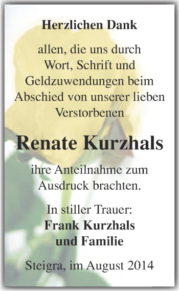 Traueranzeige von Renate Kurzhals von WVG - Wochenspiegel Merseburg