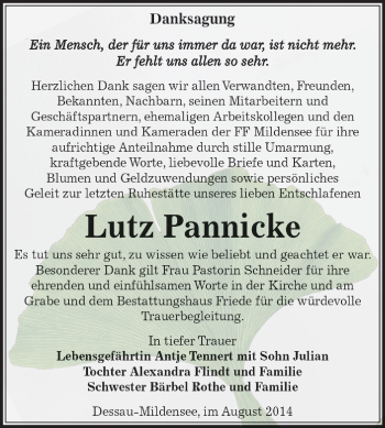 Traueranzeige von Lutz Pannicke von WVG - Wochenspiegel Dessau / Köthen