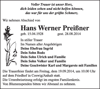 Traueranzeige von Hans Werner Preißner von Super Sonntag Wittenberg
