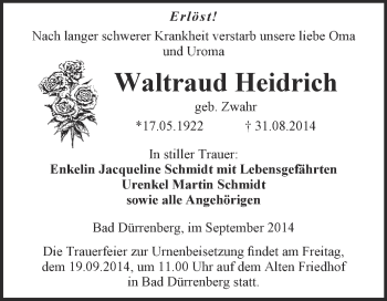 Traueranzeige von Waltraud Heidrich von Super Sonntag Merseburg