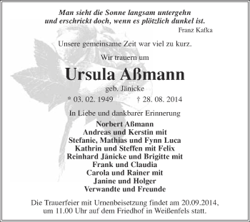 Traueranzeige von Ursula Aßmann von WVG - Wochenspiegel NMB / WSF / ZTZ