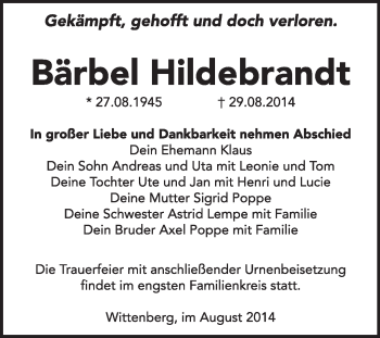 Traueranzeige von Bärbel Hildebrandt von WVG - Wochenspiegel Wittenberg
