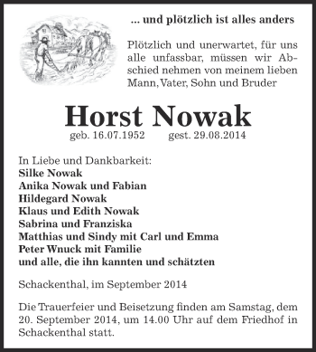Traueranzeige von Horst Nowak von Super Sonntag Aschersleben