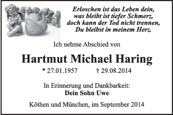 Traueranzeige von Hartmut Michael Haring von WVG - Wochenspiegel Dessau / Köthen