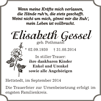 Traueranzeige von Elisabeth Gessel von Super Sonntag SGH Mansf. Land