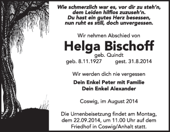 Traueranzeige von Helga Bischoff von Super Sonntag Wittenberg