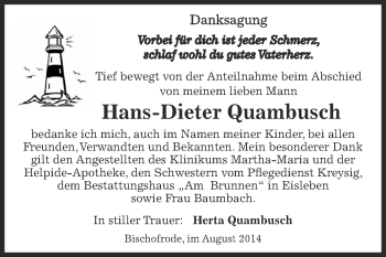 Traueranzeige von Hans-Dieter Quambusch von Wochenspiegel Mansfelder Land