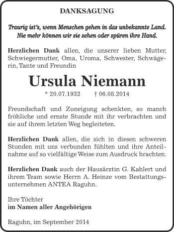 Traueranzeige von Ursula Niemann von WVG - Wochenspiegel Bitterfeld