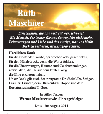 Traueranzeige von Ruth Maschner von Super Sonntag Dessau / Köthen