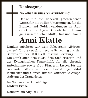Traueranzeige von Anni Klatte von Super Sonntag Bernburg