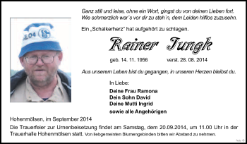 Traueranzeige von Rainer Jungk von WVG - Wochenspiegel NMB / WSF / ZTZ