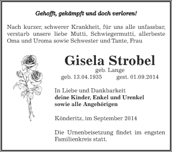 Traueranzeige von Gisela Strobel von Super Sonntag Zeitz