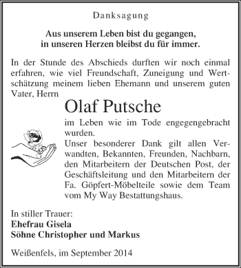 Traueranzeige von Olaf Putsche von Super Sonntag Merseburg
