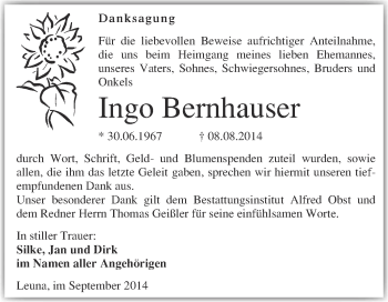 Traueranzeige von Ingo Bernhauser von Super Sonntag Merseburg