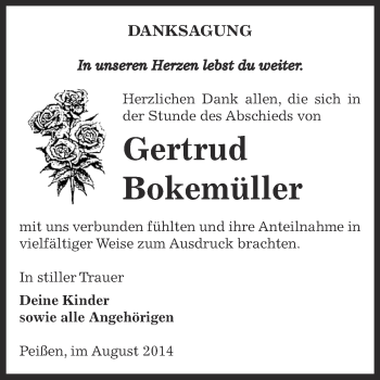 Traueranzeige von Gertrud Bokemüller von Super Sonntag Bernburg
