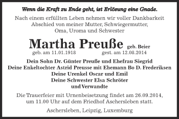Traueranzeige von Martha Preuße von Super Sonntag Bernburg