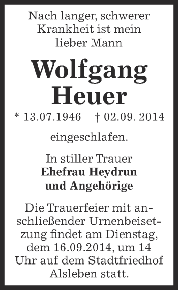 Traueranzeige von Wolfgang Heuer von Super Sonntag Bernburg