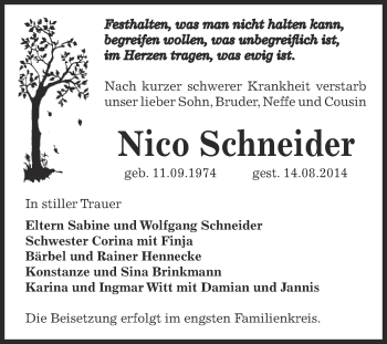 Traueranzeige von Nico Schneider von Super Sonntag Bernburg