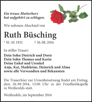 Traueranzeige von Ruth Büsching von WVG - Wochenspiegel NMB / WSF / ZTZ