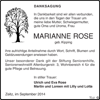 Traueranzeige von Marianne Rose von Super Sonntag Zeitz