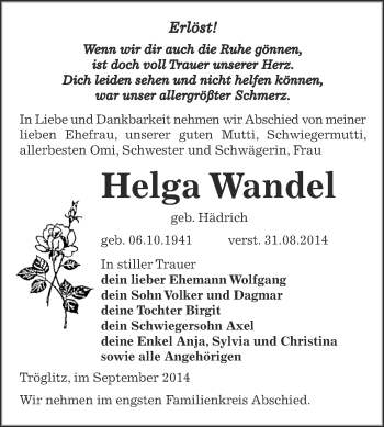 Traueranzeige von Helga Wandel von Super Sonntag Zeitz