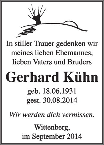 Traueranzeige von Gerhard Kühn von WVG - Wochenspiegel Wittenberg