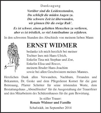 Traueranzeige von Ernst Widmer von WVG - Wochenspiegel Merseburg