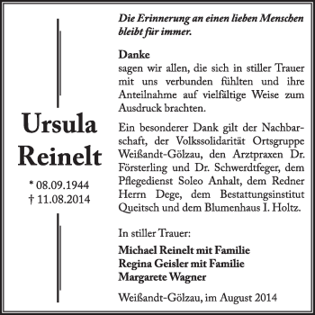 Traueranzeige von Ursula Reinelt von Super Sonntag Dessau / Köthen