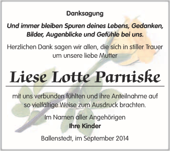 Traueranzeige von Liese Lotte Parniske von WVG - Wochenspiegel Quedlinburg