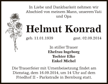 Traueranzeige von Helmut Konrad von Super Sonntag Bernburg