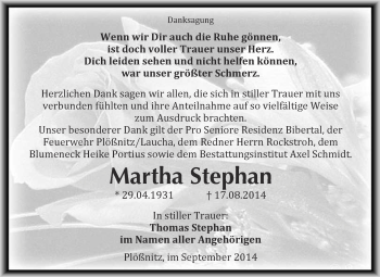 Traueranzeige von Martha Stephan von WVG - Wochenspiegel NMB / WSF / ZTZ