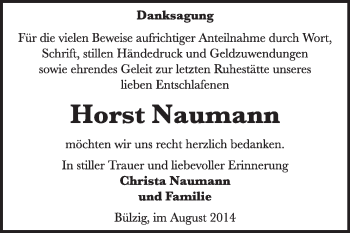 Traueranzeige von Horst Naumann von Super Sonntag Wittenberg