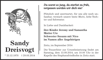 Traueranzeige von Sandy Dreisvogt von Super Sonntag Zeitz