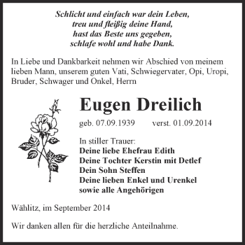 Traueranzeige von Eugen Dreilich von WVG - Wochenspiegel NMB / WSF / ZTZ