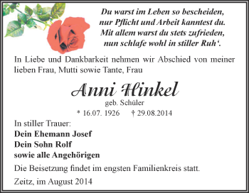 Traueranzeige von Anni Hinkel von Super Sonntag Zeitz