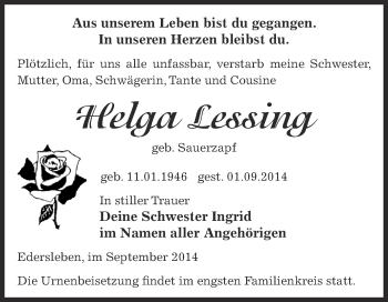 Traueranzeige von Helga Lessing von Super Sonntag SGH Mansf. Land