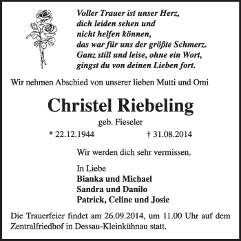 Traueranzeige von Christel Riebeling von Super Sonntag Dessau / Köthen
