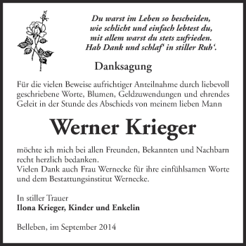 Traueranzeige von Werner Krieger von Super Sonntag Bernburg