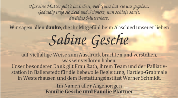 Traueranzeige von Sabine Gesche von WVG - Wochenspiegel Quedlinburg