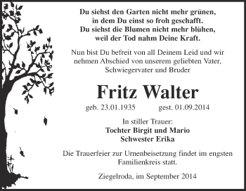 Traueranzeige von Fritz Walter von WVG - Wochenspiegel Merseburg