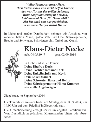 Traueranzeige von Klaus-Dieter Necke von WVG - Wochenspiegel Merseburg